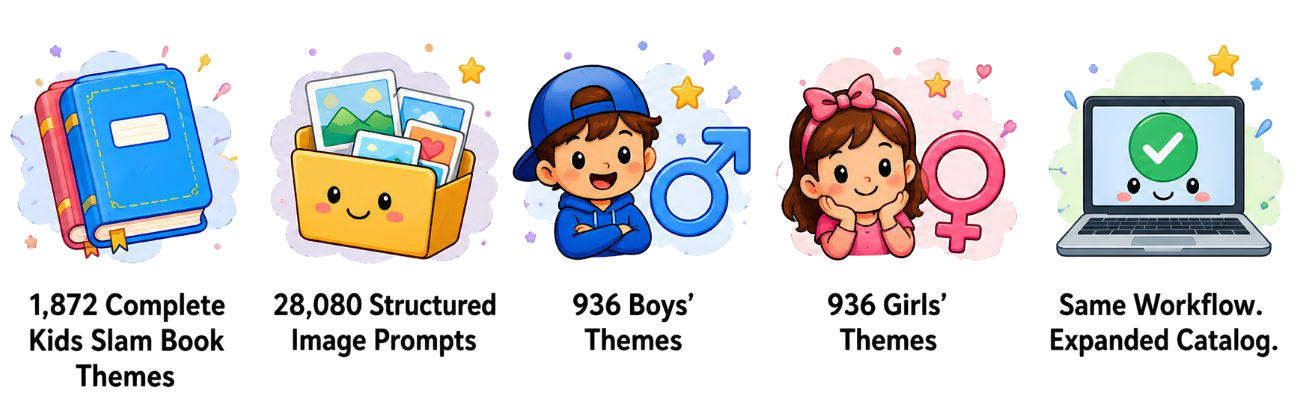 After the upgrade: 1,872 Kids Slam Book themes, 28,080 structured image prompts, 936 boys themes, 936 girls themes, and the same workflow with an expanded catalog.