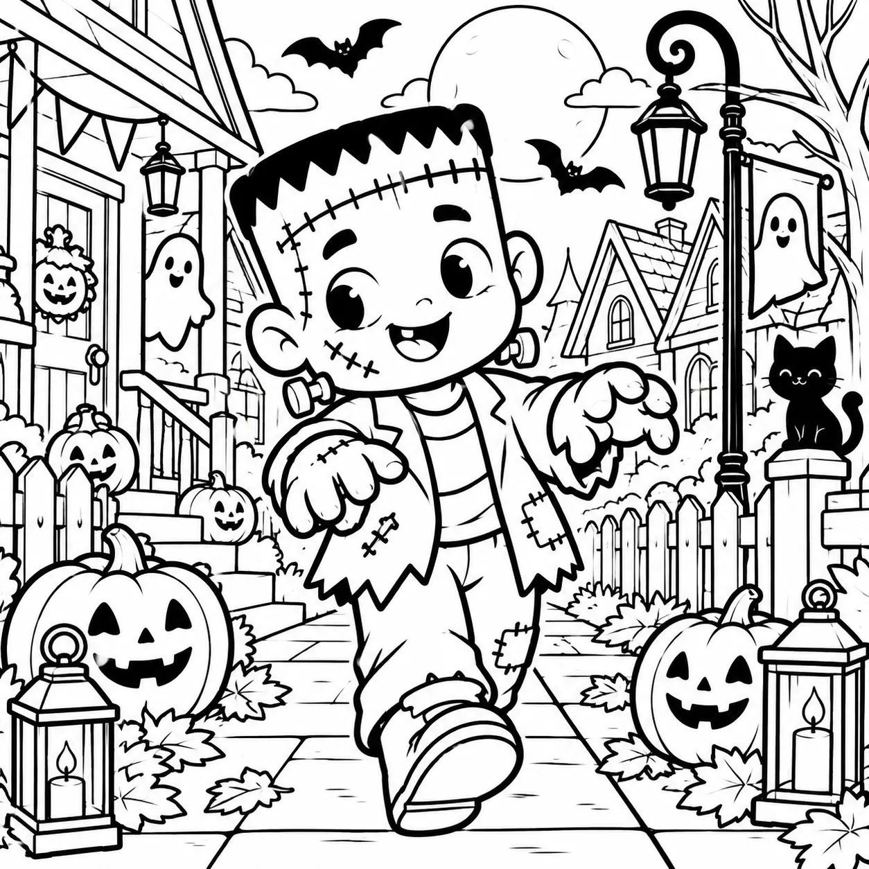 Classic stitched monster Halloween coloring page