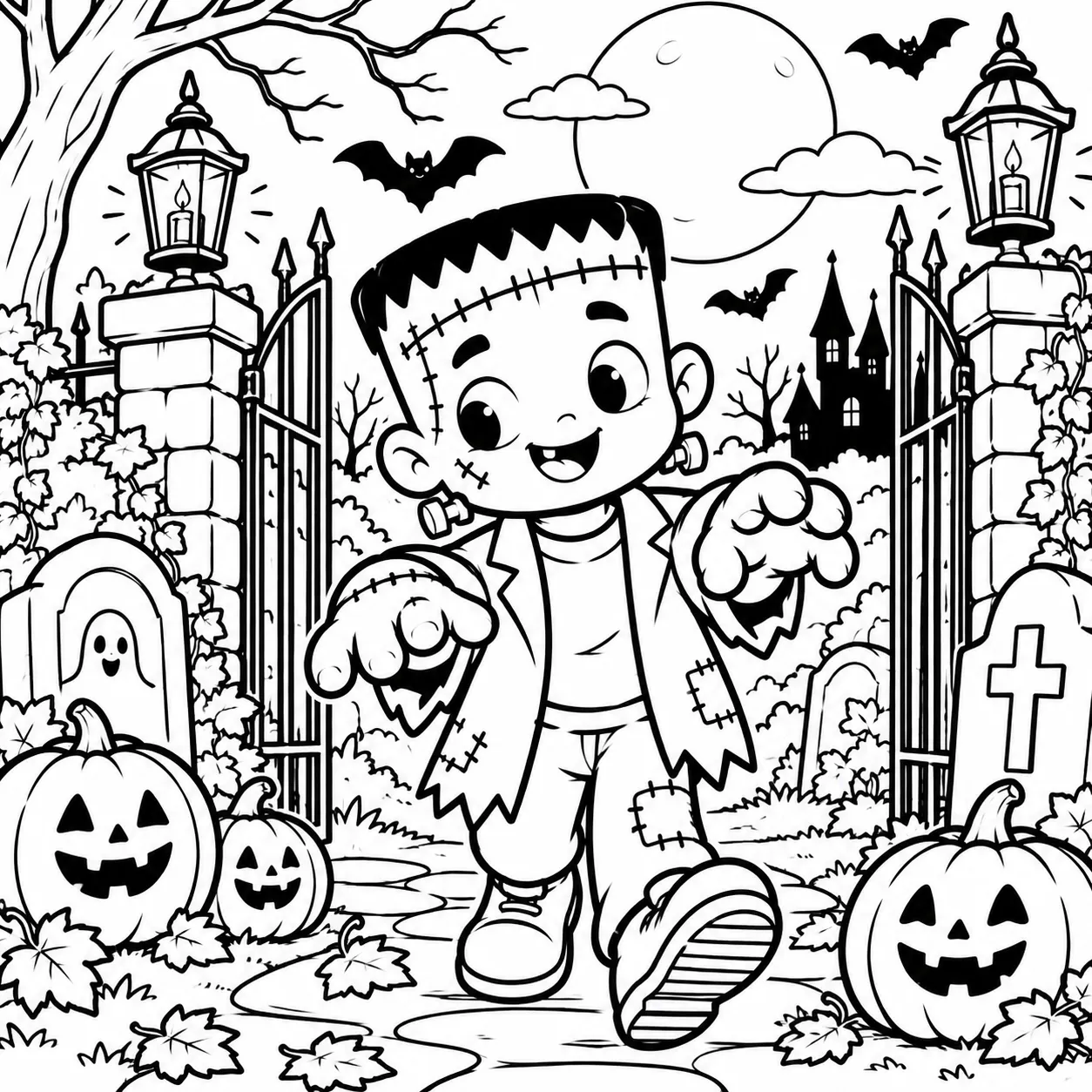Classic stitched monster Halloween coloring page variation