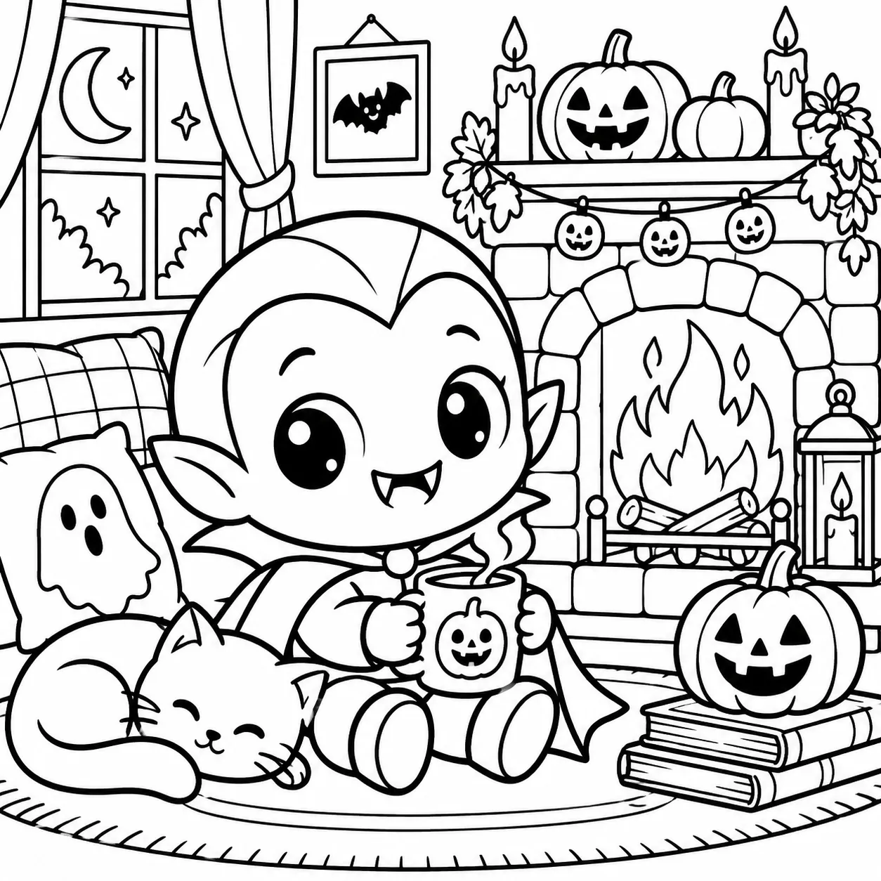 Cute vampire Halloween coloring page variation