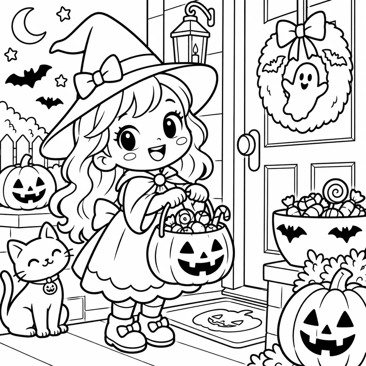 Cute young witch Halloween coloring page