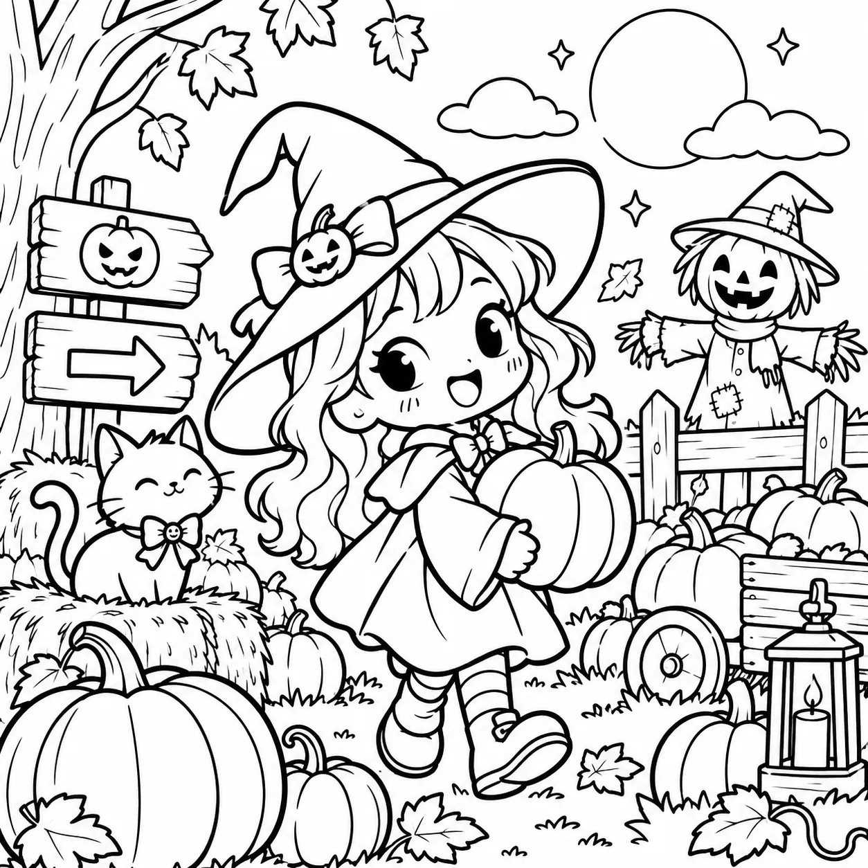 Cute young witch Halloween coloring page variation