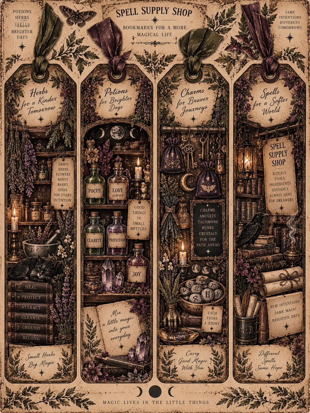 Witchy Botanical Ribbon-Tied Tag Bookmarks