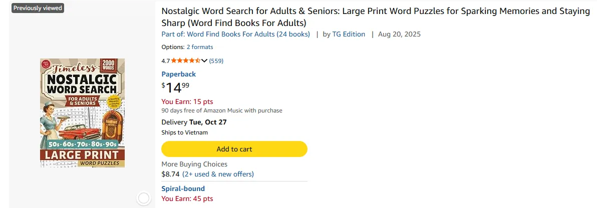 Amazon listing: a nostalgic large print word search for seniors, part of a 24-book series, $14.99 with 559 ratings