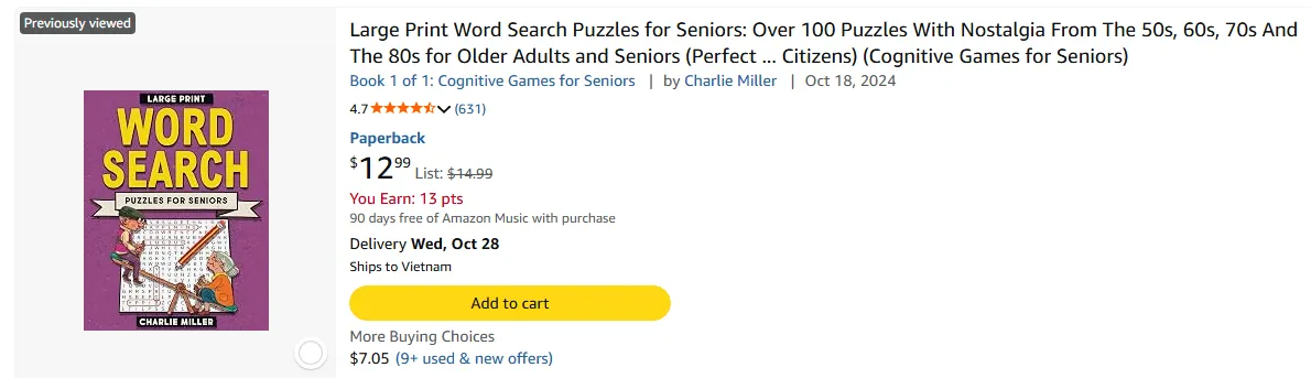 Amazon listing: a large print word search with nostalgia from the 50s to the 80s, $12.99 with 631 ratings