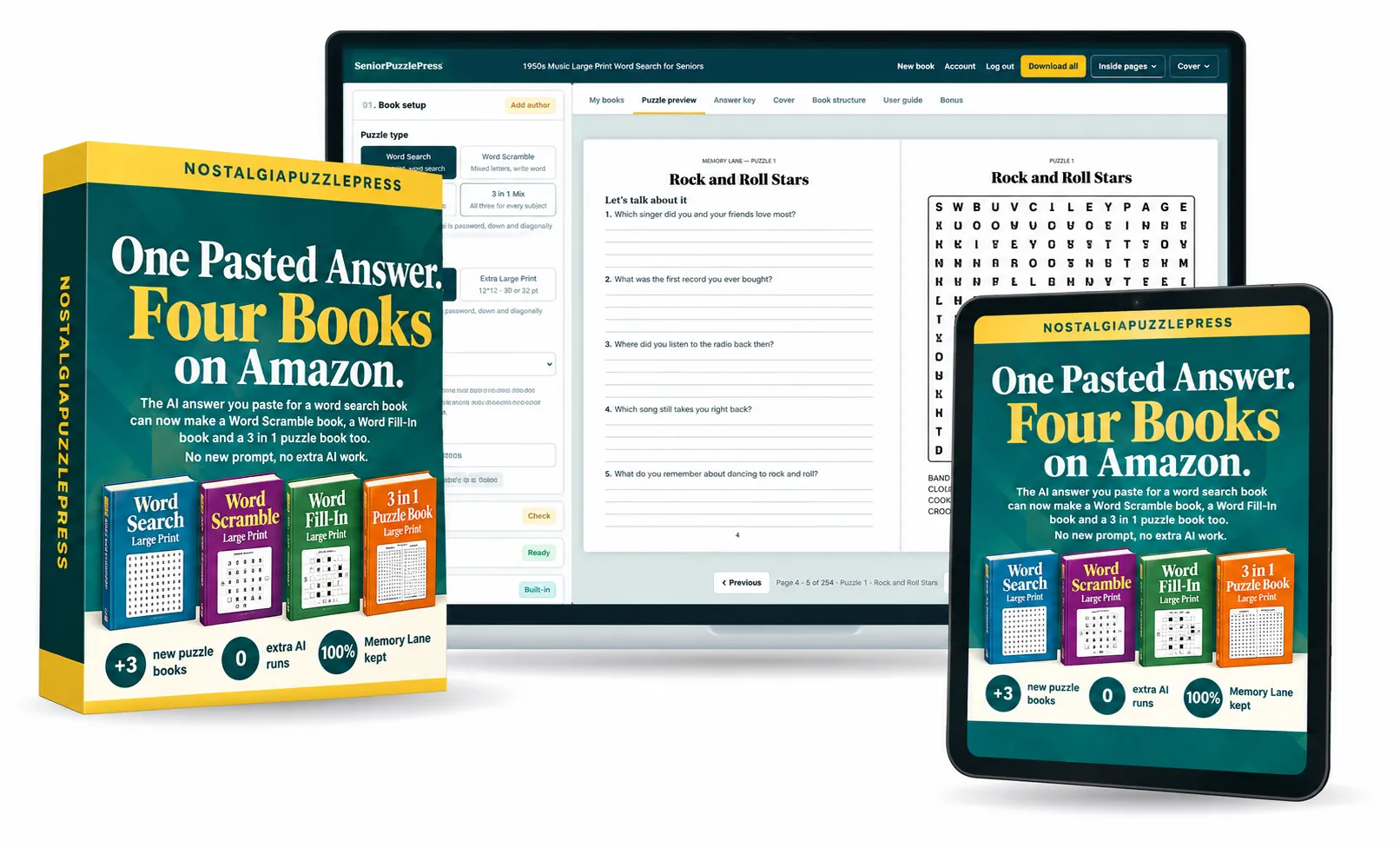 Word Search, Word Scramble, Word Fill-In and 3 in 1 books made from one answer