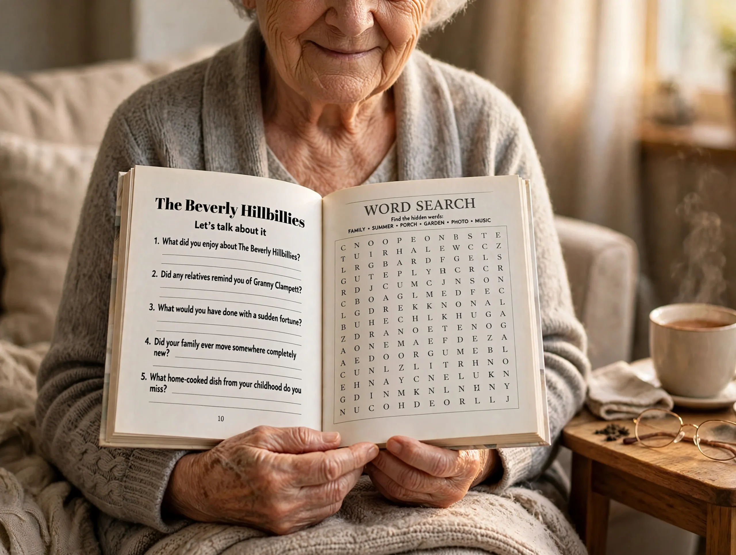 Older reader holding a large print puzzle book open to a Memory Lane page