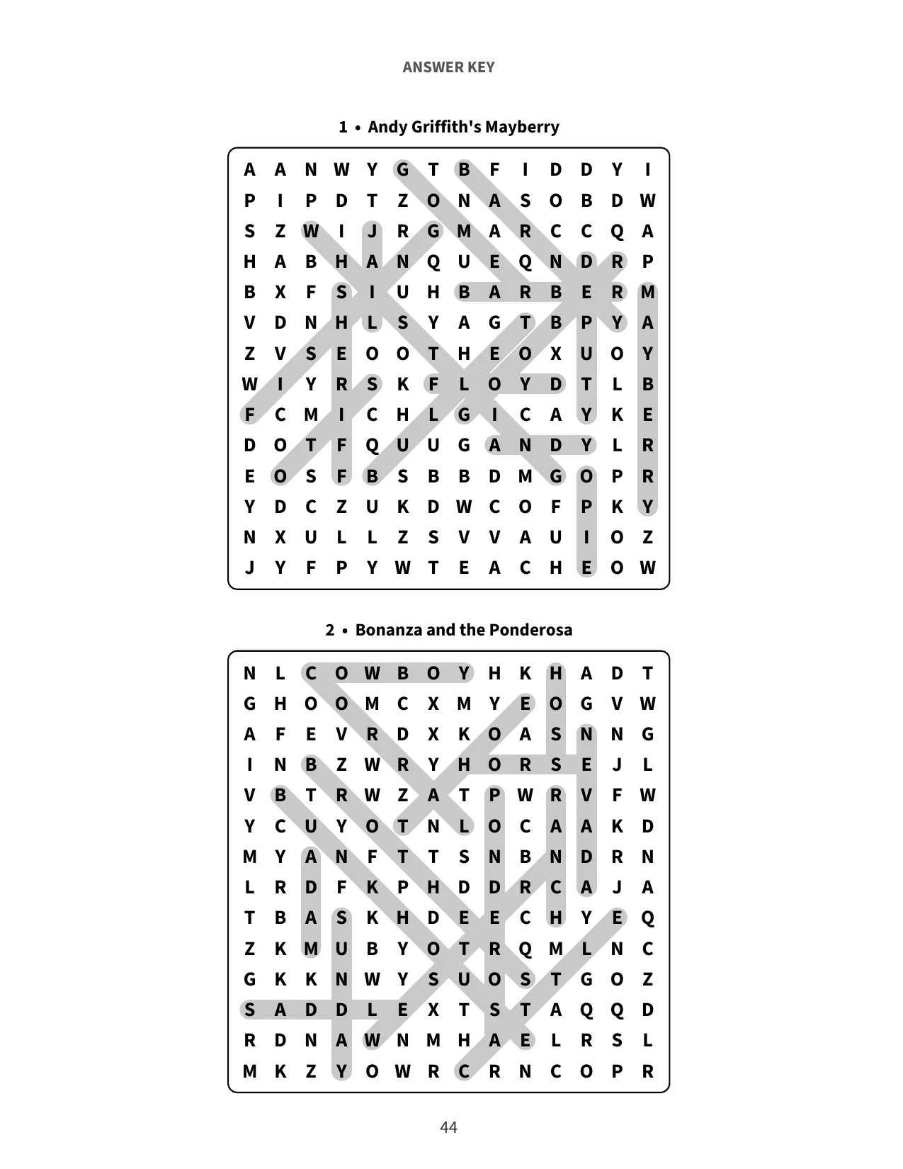 Answer key page with two solved puzzles