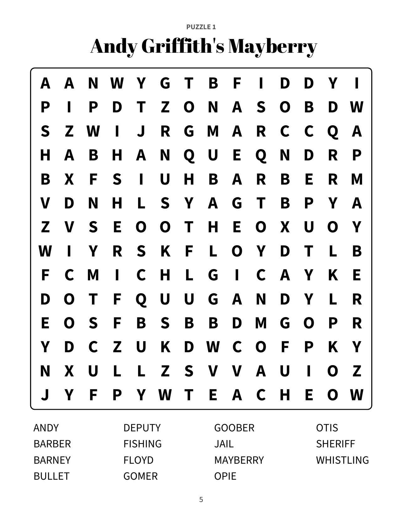 Large print word search puzzle 1: Andy Griffith's Mayberry