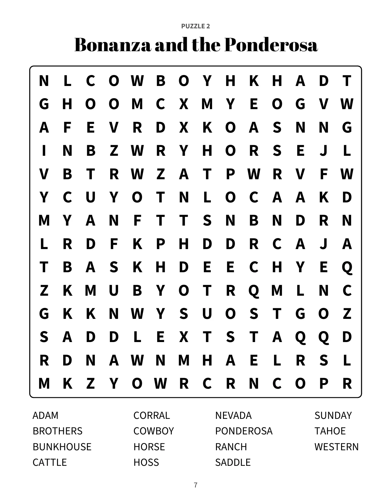 Large print word search puzzle 2: Bonanza and the Ponderosa