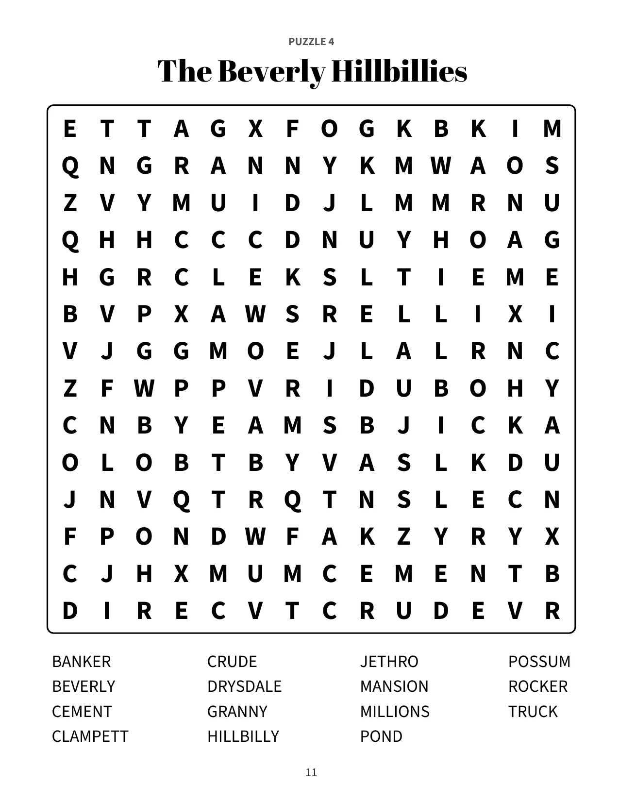 Large print word search puzzle 4: The Beverly Hillbillies