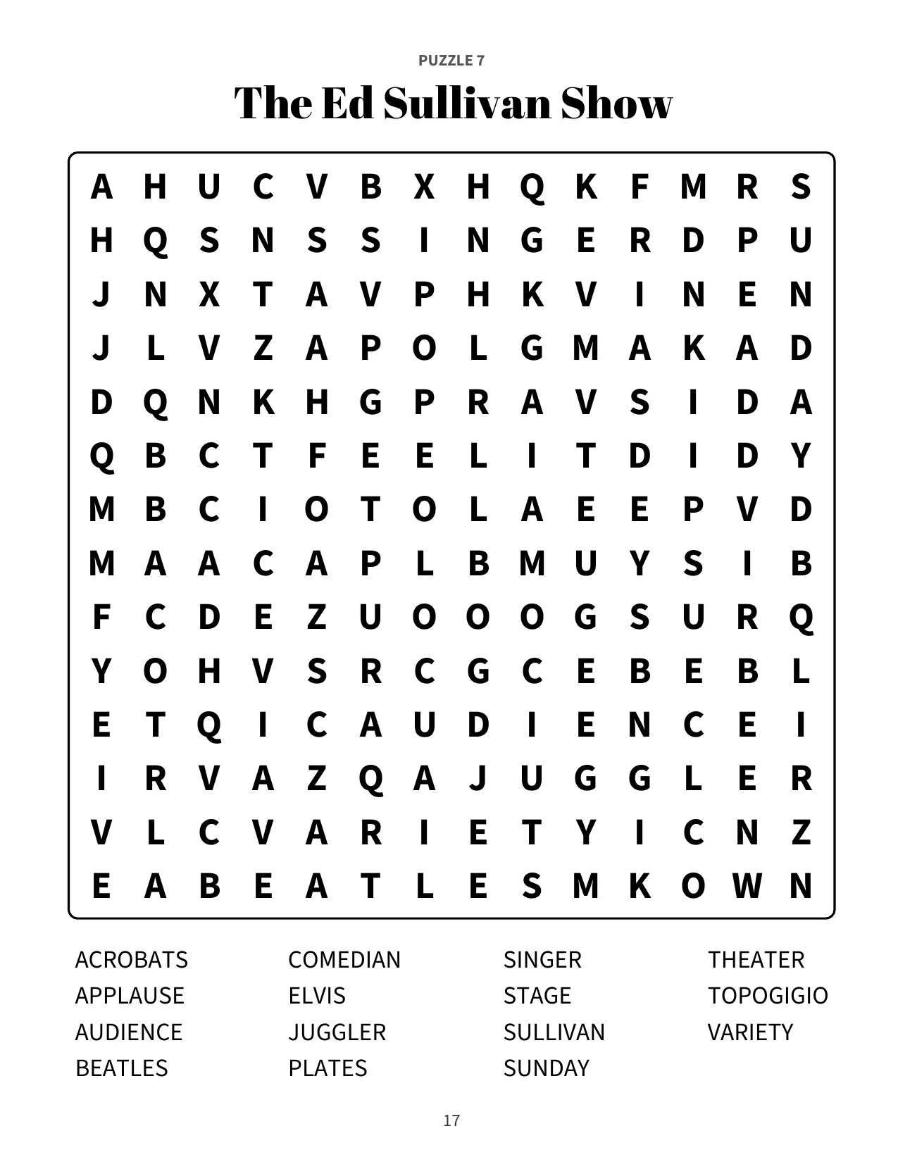 Large print word search puzzle 7: The Ed Sullivan Show