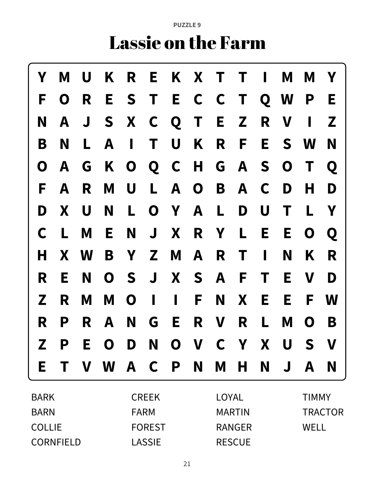 Large print word search puzzle 9: Lassie on the Farm